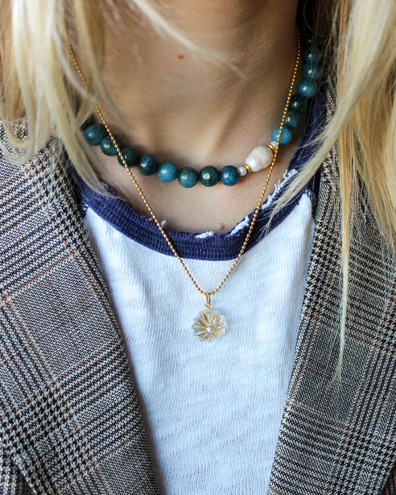 Blauwe Jade Edelstenen Ketting met Parel