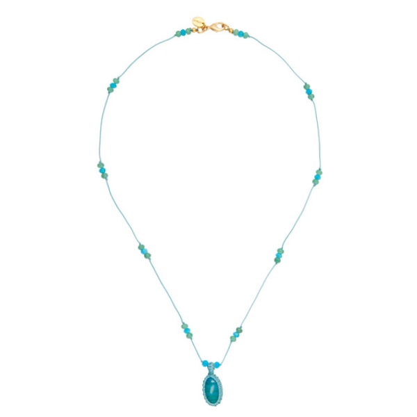 Blue Thread Necklace With blue and auqa Beads And a aqua Pendant for woman