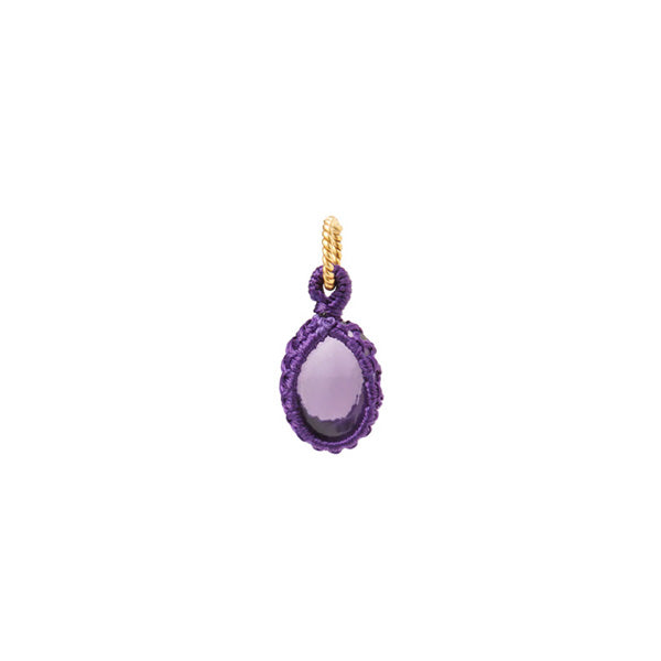a small oval amethyst stone pendant woven with a purple thread charm for woman, gold plated hanger