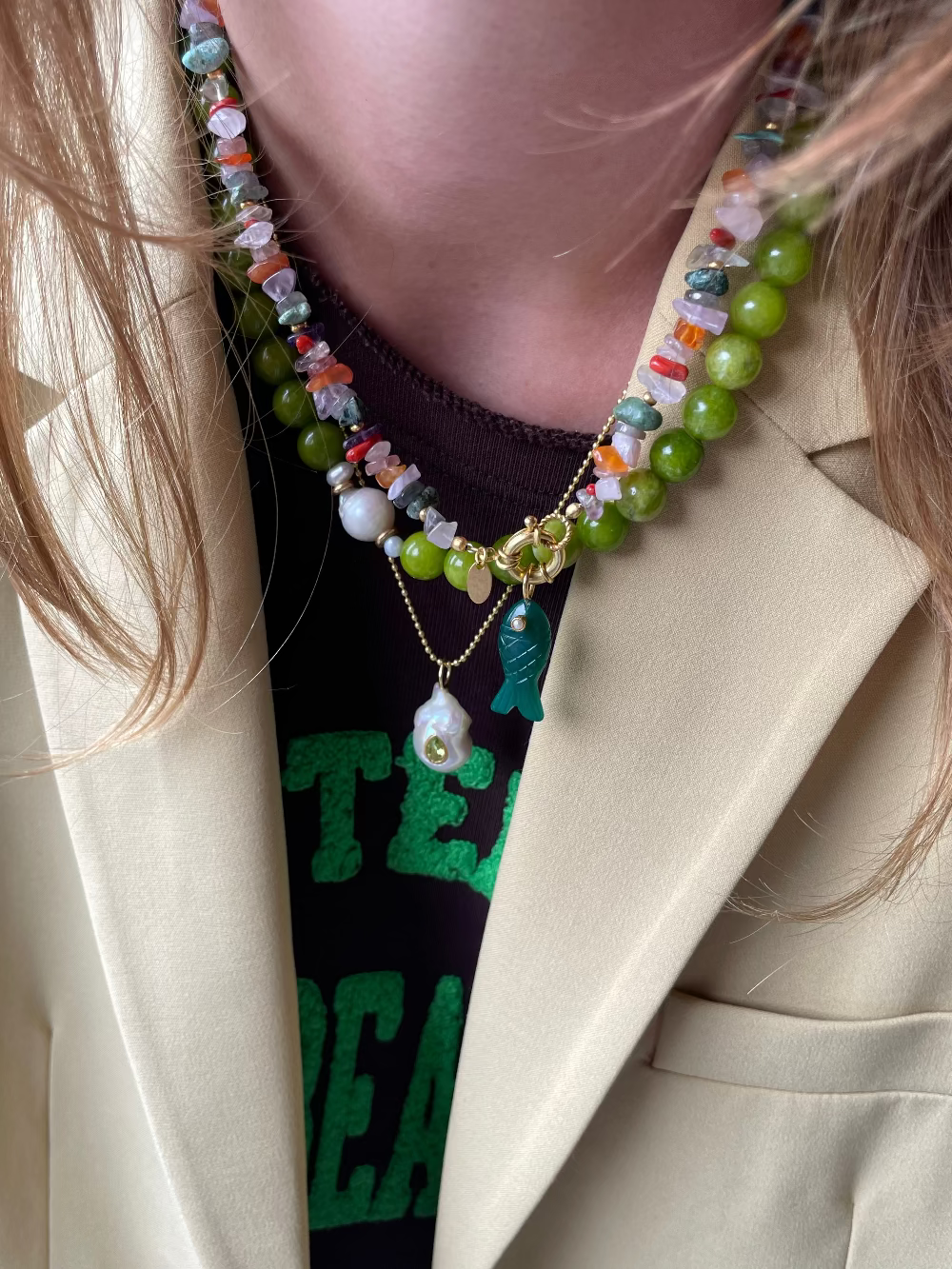 Groene onyx vis bedel met parel