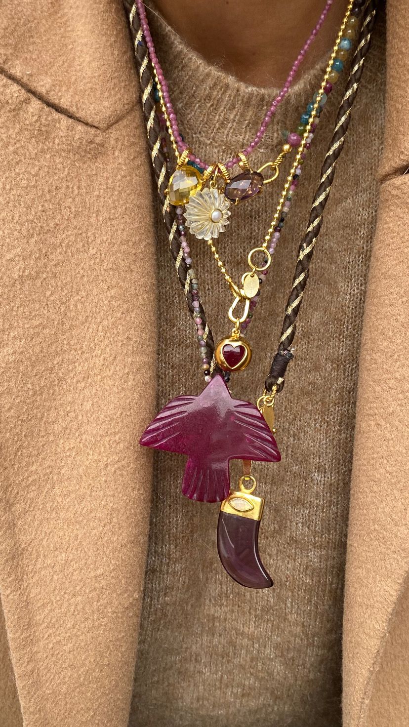 bruin rode kettingen met vogel, tand en carneool hartje