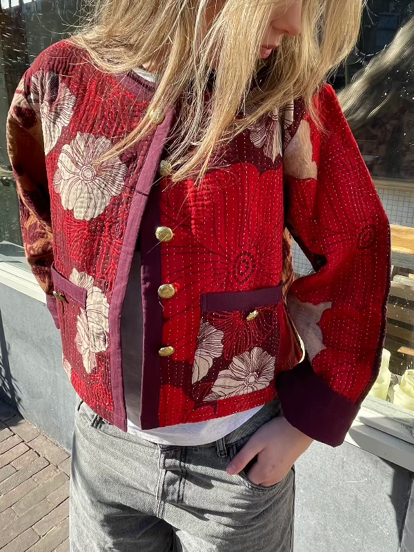 Rood Bloemen Jasje Donkerrood Kantha