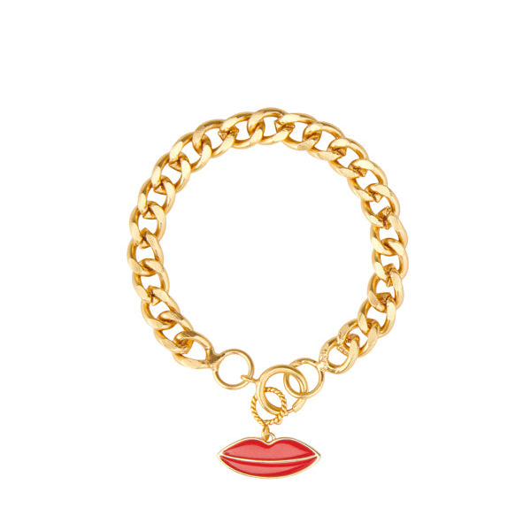 Gold plated Gourmet Chain Bracelet With a red lips charm 