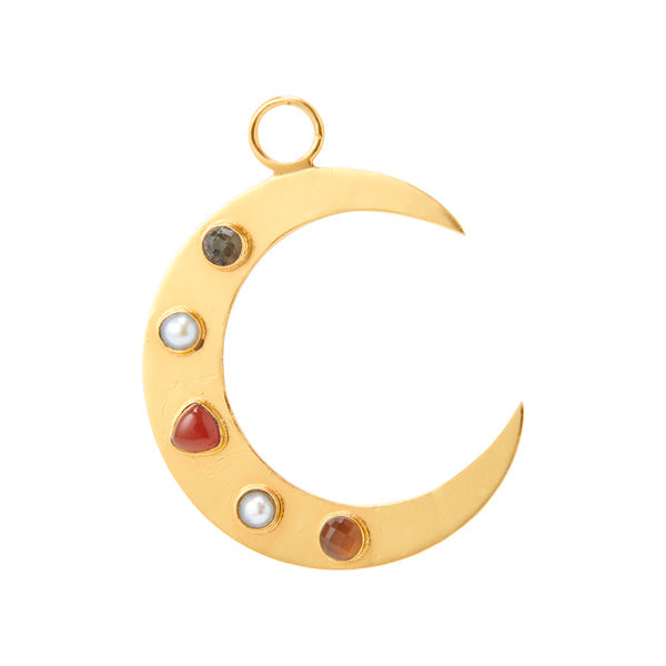 Large gold plated moon with 6 different small stones pearl, green, yellow, purple charm for women