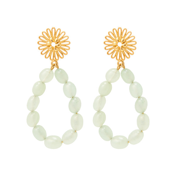 Drop Earrings Green Jade With Flower Studs for woman, gold plated