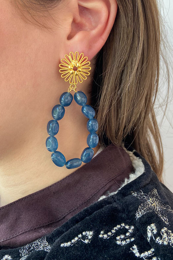 Drop Earrings Blue Jade With Flower Studs