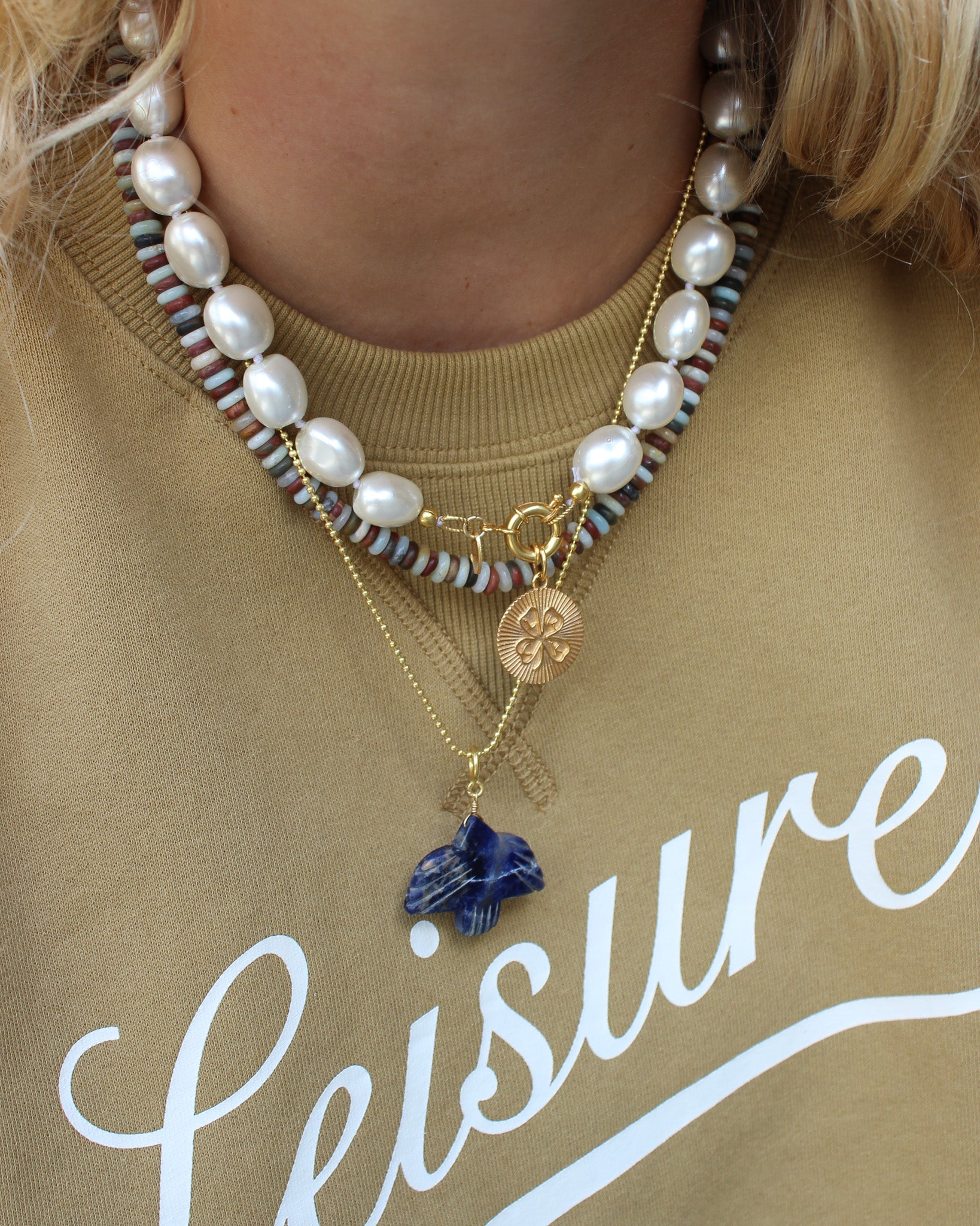 Aqua en Bruine Jade Edelstenen Ketting En Parel