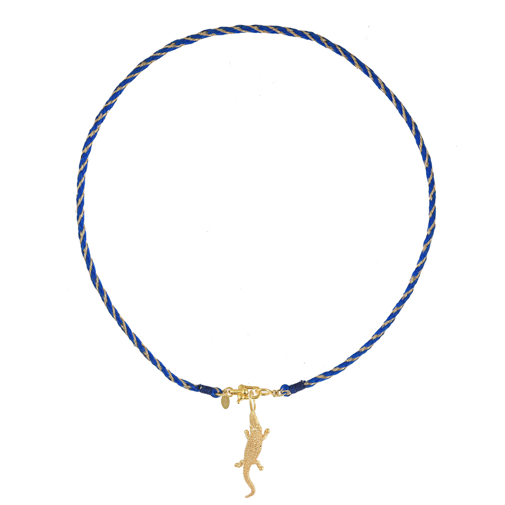 Blauwe Satijnen Ketting met Krokodil Bedel