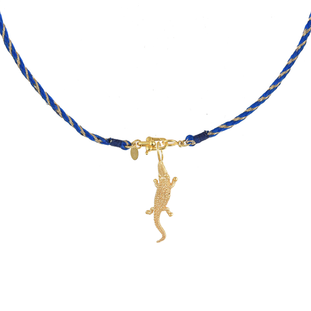 Blauwe Satijnen Ketting met Krokodil Bedel