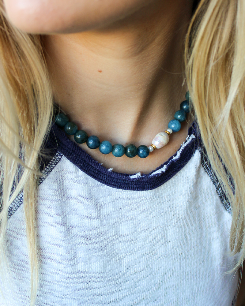 Blauwe Jade Edelstenen Ketting met Parel
