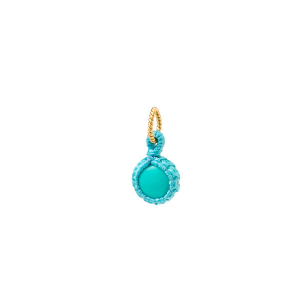 a small round turquoise stone pendant woven with a blue thread charm for woman, gold plated hanger