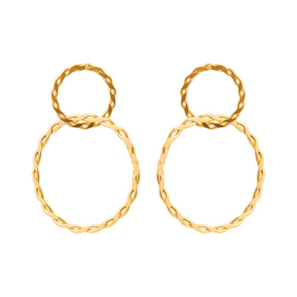 Double Round Twisted earrings, a small one combined with a larger round for women, gold plated