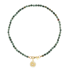 Edelstenen Turqouise_blokjes ketting_bloem bedel kristal en parel