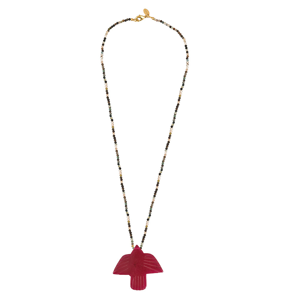 tourmalijn ketting met ruby jade vogel