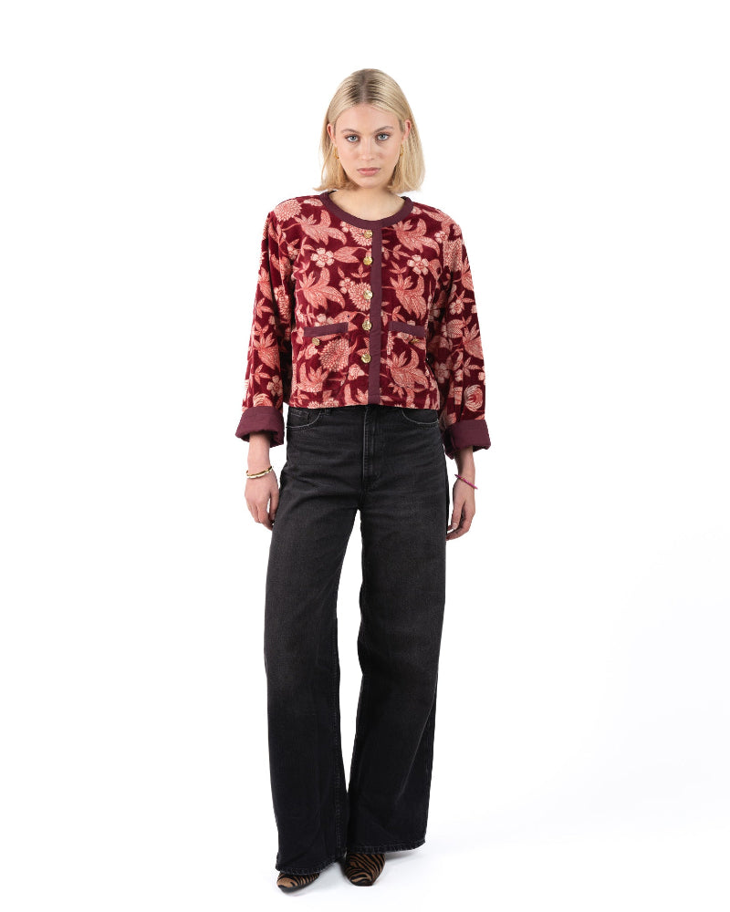 Fluweel Jasje Donkerrood Bloem