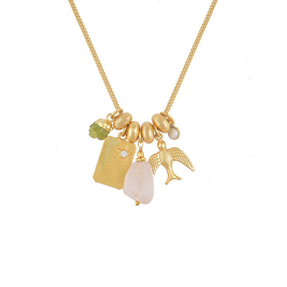 Gouden Bedelketting met Vogel en Rozenkwarts