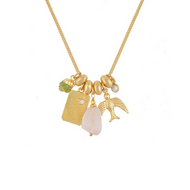 Gouden Bedelketting met Vogel en Rozenkwarts