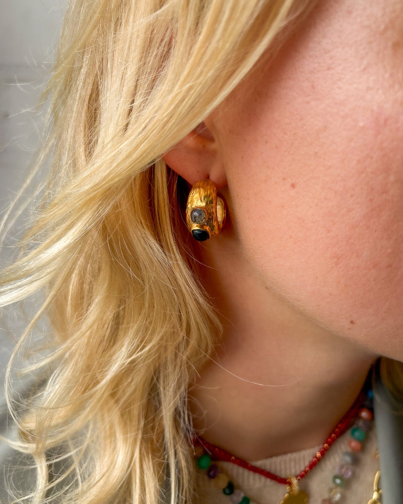 Gouden Oorbellen Labradoriet Zwarte Onyx