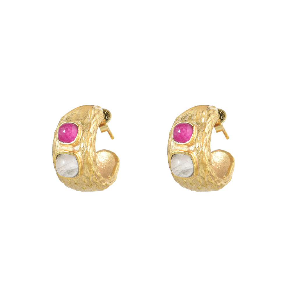 Gouden Oorbellen Roze en Witte Jade