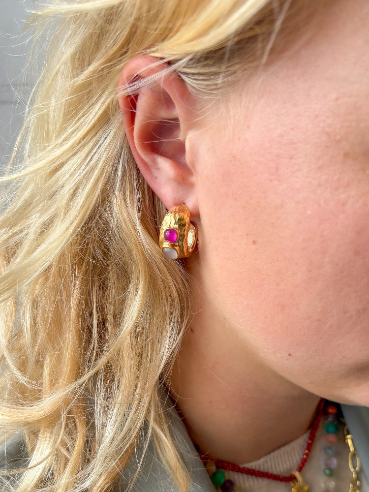 Gouden Oorbellen Roze en Witte Jade