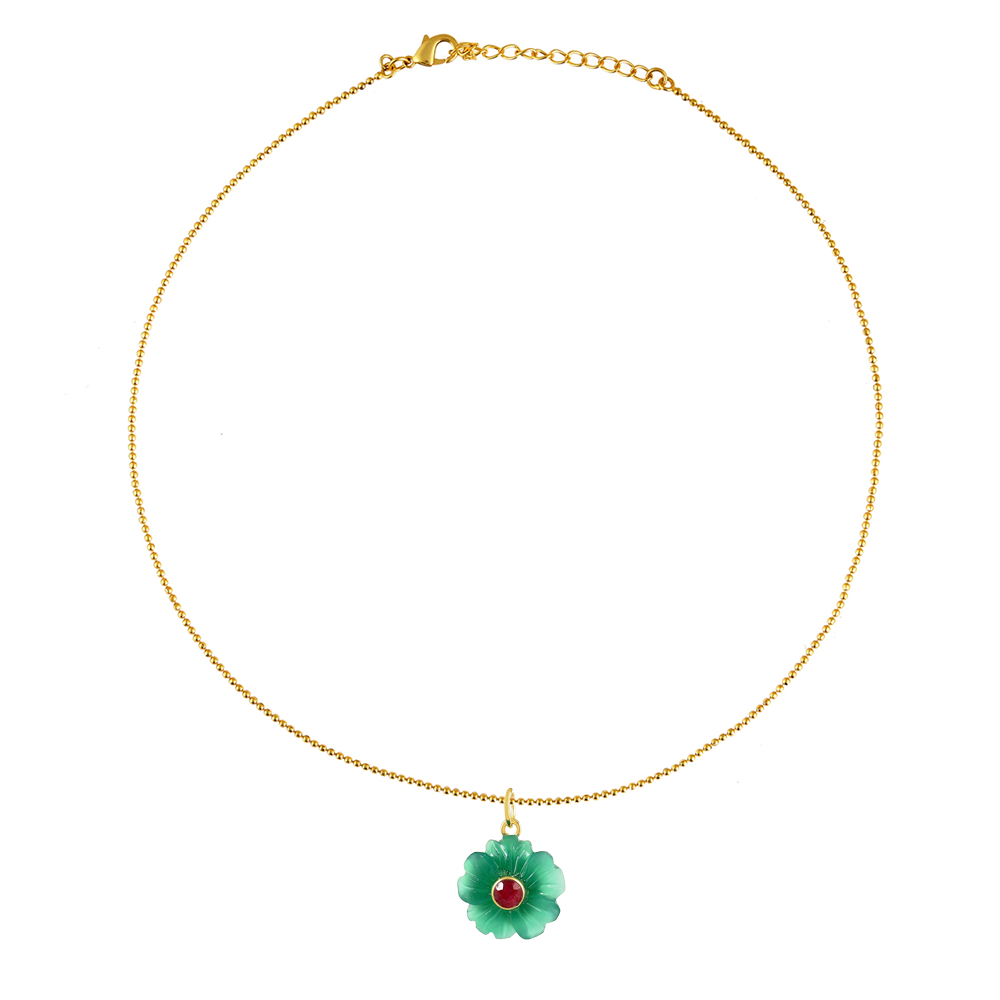 Gouden ketting met groene onyx edelstenen bloem bedel