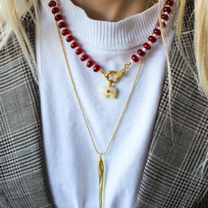Gouden ketting vis bedel en rode jade ketting wit paardje