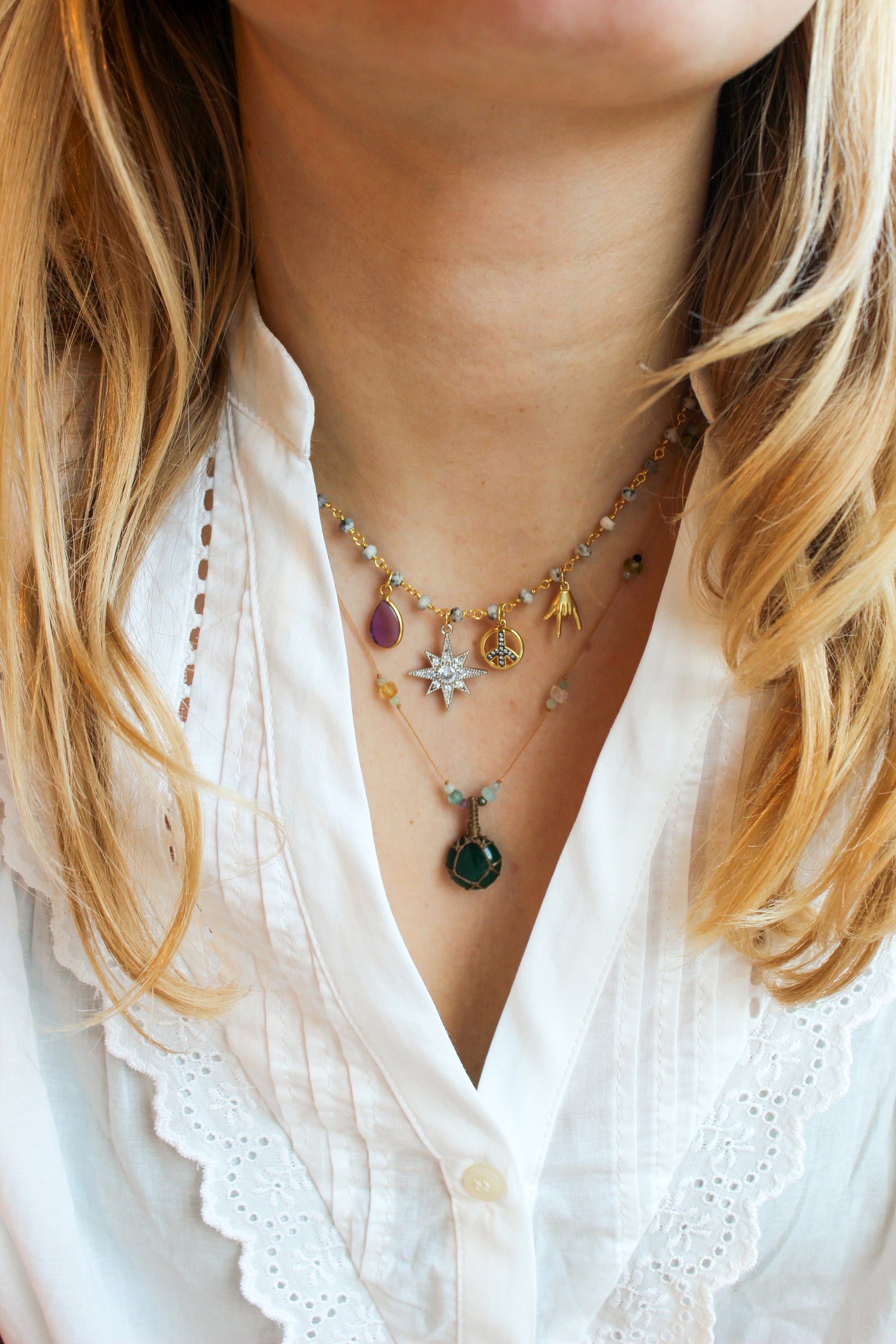 White Jade Necklace with Charms Satr