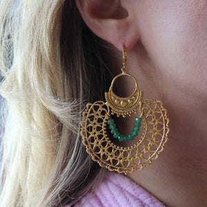 Filigree Gold Earrings With Green Stones