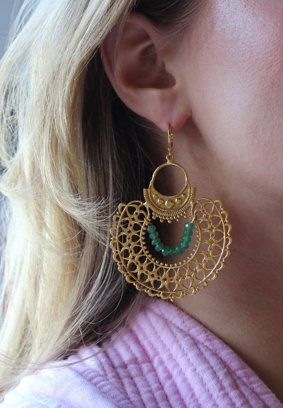 Filigree Gold Earrings With Green Stones