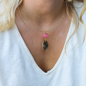 Unieke Bedel Bangle Ketting Labradoriet Roze Onyx