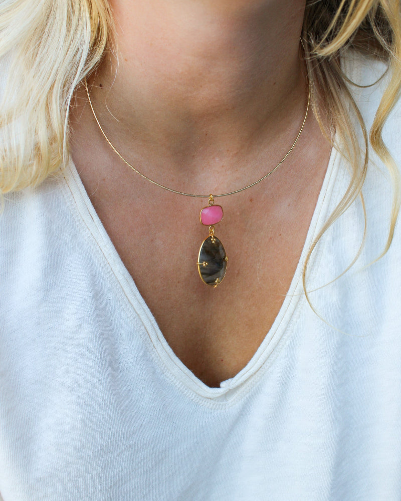 Unieke Bedel Bangle Ketting Labradoriet Roze Onyx