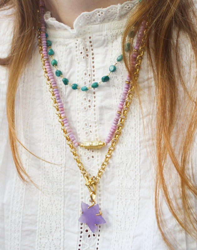 Purple Jade Stone Beaded Necklace With Lucky Talisman