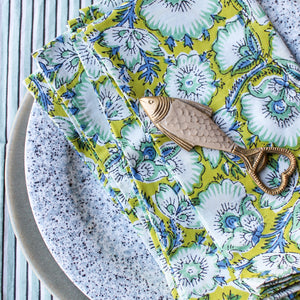 Katoenen Servetten Bloem Groen en streep lichtblauw