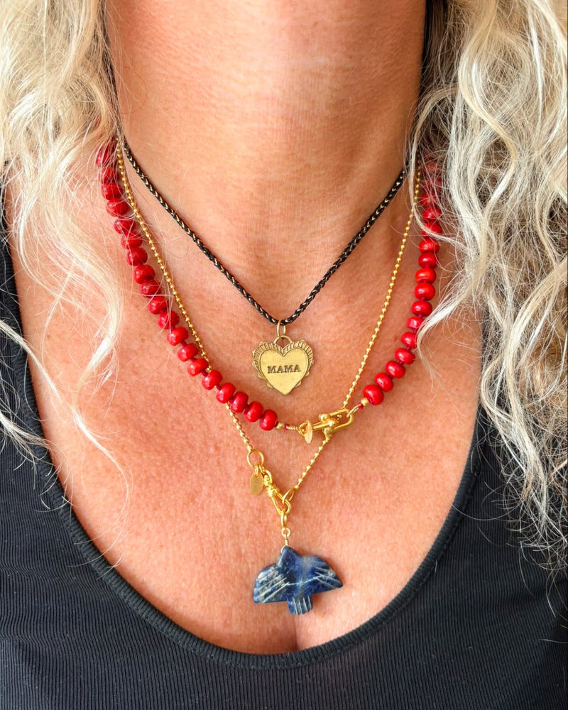 Koraal Ketting Handgeknoopt Donut Lapis Lazuli Edelstenen Vogel Bedel