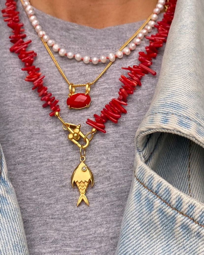 Koraal split ketting met vis bedel