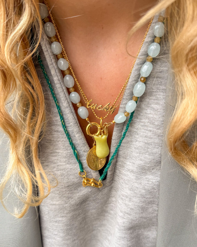 Lucky ketting gouden munt bedel vessoniet tulp bedel groene koord ketting blauwe jade ketting 