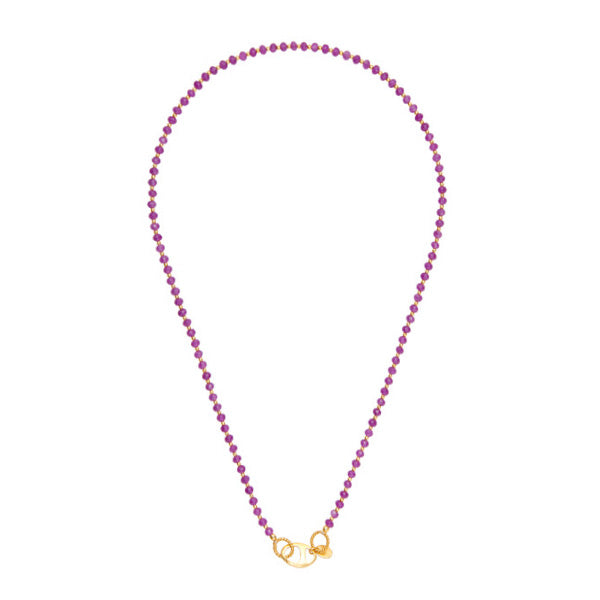 a necklace with alternating dark purple stones and a gold-plated bead with an oval lock for woman