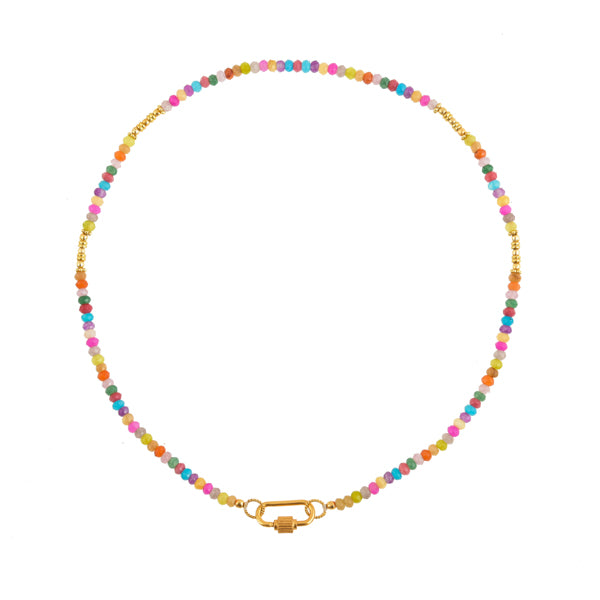 Multi kleuren pastel edelstenen ketting met draaislot om bedels aan te hangen.