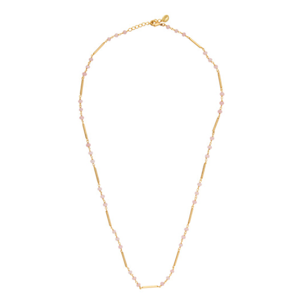 Retro Necklace with Rose quartz stond combined With Gold plated Tubes for woman