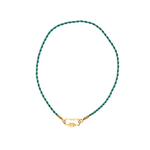 Aqua Satin Cord necklace with a goldpalted oval lock for woman