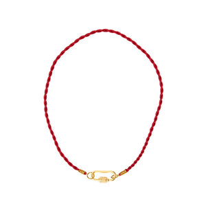 Red Satin Cord necklace with a goldpalted oval lock for woman