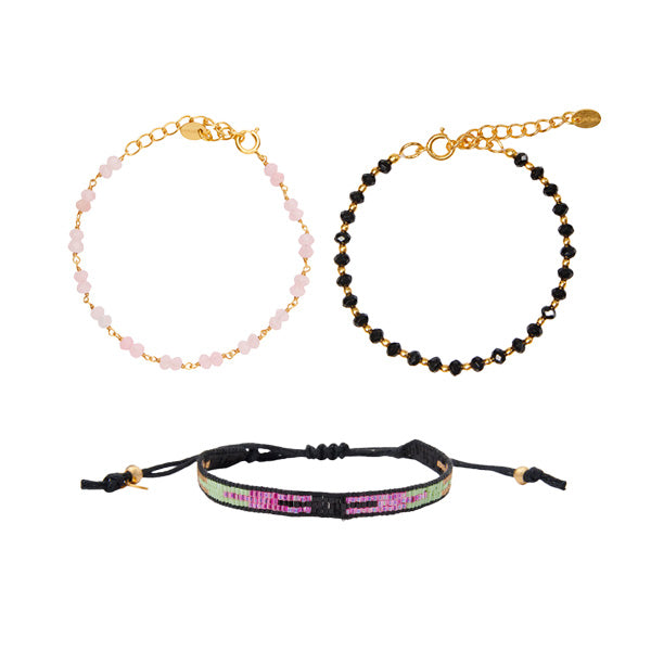 Dazzling Set of 3 Bracelets Black and Pink