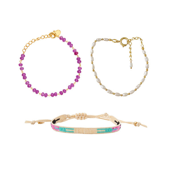 Dazzling Set of 3 Bracelets Pearl and Purple
