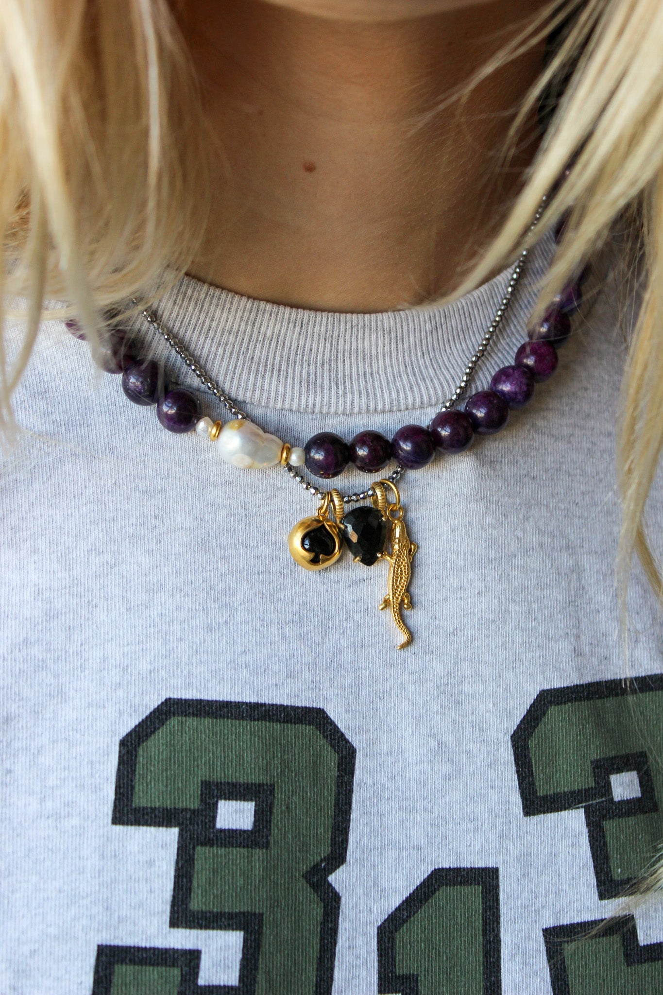 Paarse jade ketting met parel en pyriet ketting met bedels