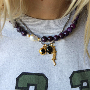 Paarse jade ketting met parel en pyriet ketting met bedels