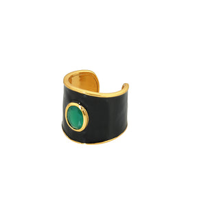 Zwarte Emaille Ring Groene Onyx Steen