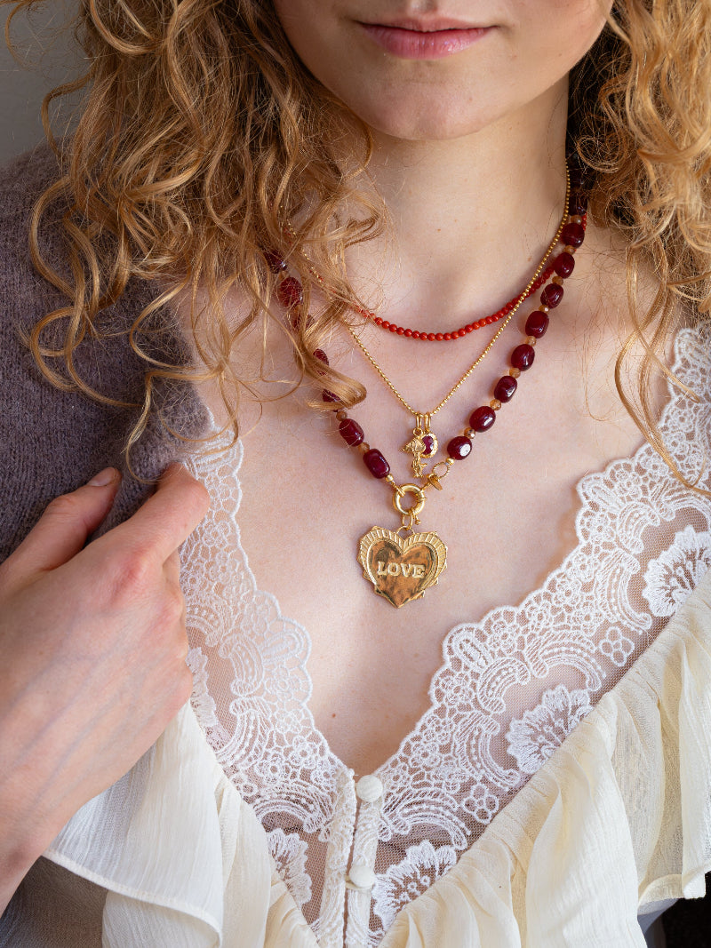Ruby Jade Edelstenen Ketting Met Slot MAMA hart bedel snoopy gouden bedel geboortesteen ronde koraal ketting 