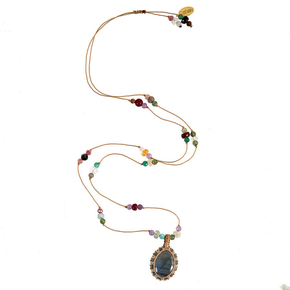 Cord Necklace with Gemstones Green Rutile Quartz