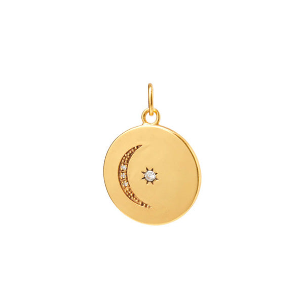 Round charm with a moon and a little diamond, gold plated, for woman