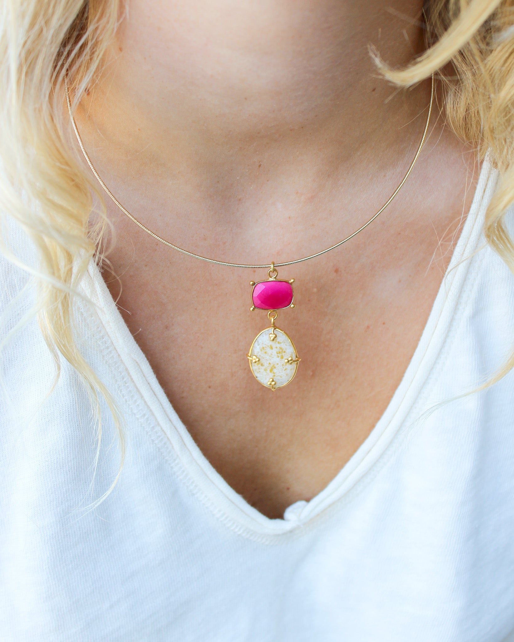 Unieke Bedel Bangle Ketting Roze Jade Gele Aventurijn